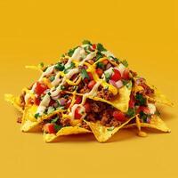 Closeup of loaded nachos with ground beef, cheese, salsa, sour cream and cilantro on yellow background. photo