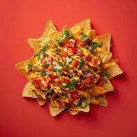 Close-up of a plate of nachos with cheese, salsa, guacamole, and cilantro. Concept of Mexican food, Tex-Mex, snack, appetizer, and party food. photo