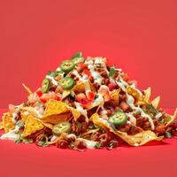 Close-up of a large pile of nachos with toppings including ground beef, salsa, sour cream, cilantro, and jalapeno peppers on a red background. Concept of food, snack, party, and appetizer. photo