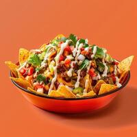 Loaded nachos with beef, cheese, sour cream, guacamole, jalapenos and tomatoes in red bowl. Delicious and messy mexican food. photo