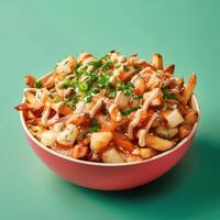 Delicious and savory poutine with cheese curds, gravy, and toppings. French fries with melted cheese curds and gravy, a traditional Quebec dish. Poutine food photography, close up. photo