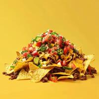 Close up of a large portion of loaded nachos with ground beef, cheese, salsa, guacamole, corn, sour cream and jalapenos. Concept of party food, appetizer, and delicious mexican food. photo