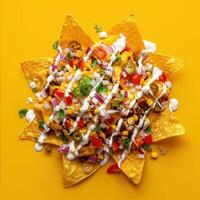Close up of a plate of loaded nachos topped with cheese, sour cream, jalapenos, tomatoes, onions and cilantro. Mexican food. photo