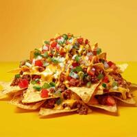 Close up shot of delicious nachos loaded with cheese, ground beef, tomatoes, peppers, and onions on yellow background. Concept of Mexican food, snack, appetizer, fast food, restaurant menu. photo