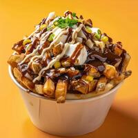 Closeup of poutine, a Canadian dish with french fries, cheese curds, and gravy. photo