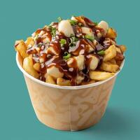 Closeup of a poutine dish with fries, cheese curds, gravy, and chives in a paper container. Canadian food. photo