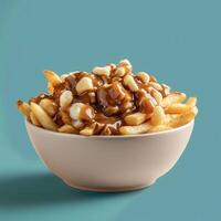 Classic Canadian poutine dish with fries, cheese curds, and gravy. Closeup shot of poutine with a blue background. Delicious and popular Canadian cuisine. photo