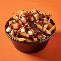 Close-up of poutine, a classic Canadian dish with french fries, cheese curds, and gravy, in a black bowl. Delicious food photography. photo