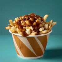 Close-up of a poutine, a Canadian dish made with french fries, cheese curds, and gravy in a paper cup. photo
