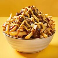 Close up of a bowl of poutine with gravy, cheese curds and fries. photo
