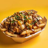 Delicious Poutine with Gravy, Cheese Curds, and Onions. Canadian Fast Food in Paper Basket. photo