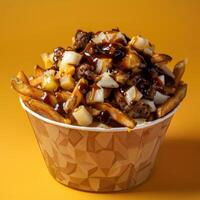 Poutine with beef gravy, cheese curds, and onions in a paper bowl. Canadian comfort food. Delicious and messy. photo