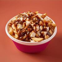 Close up shot of poutine with fries, cheese curds, and gravy in a pink bowl photo