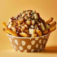 Poutine with cheese curds, gravy, and fries in a paper bowl on a yellow background. photo