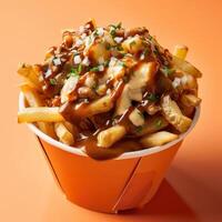 Close-up of a Poutine in a paper container with fries, gravy, cheese curds and onions. Delicious Canadian food dish. photo