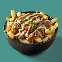 Closeup of poutine with gravy and cheese curds in a black bowl, popular Canadian dish with French fries. photo