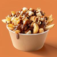 Poutine with cheese curds, gravy and fries in a paper bowl. Traditional Canadian food dish, delicious snack, fast food. photo