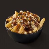 Close-up of a bowl of poutine, a Canadian dish of fries, cheese curds and gravy. Food photography. photo