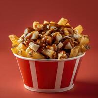 Poutine, Canadian Dish of French Fries, Cheese Curds and Gravy. photo