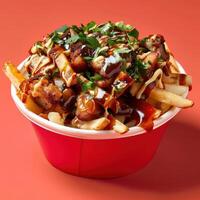 Delicious Poutine with Chicken, Gravy, and Cheese Curds. Close up of a popular Canadian fast food dish. photo