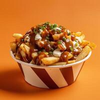 Delicious poutine with gravy, cheese curds and fries. Traditional Canadian dish. photo