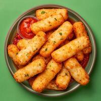 Appetizing plate of crispy cheese sticks with tomato dipping sauce, perfect for snacking or party appetizers. photo