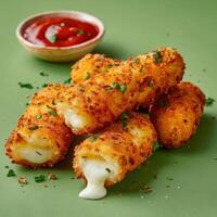 Crispy mozzarella cheese sticks with melted cheese and ketchup dipping sauce. Delicious, cheesy, and crispy snack or appetizer. photo