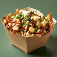 Poutine, Canadian dish with french fries, cheese curds, and gravy, topped with green onions. Fast food, street food, lunch, dinner, restaurant, takeout, delivery. photo