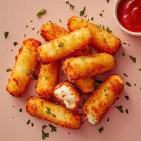 Delicious fried mozzarella sticks with marinara sauce on pink background. Appetizer, snack food, bar food, restaurant menu. photo