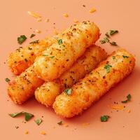 Close-up of crispy cheese sticks with herbs and grated cheese, on a pink background. Delicious cheesy snack for party or appetizer. photo