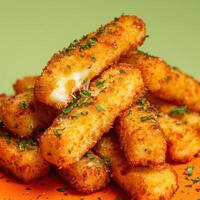 Crispy, golden brown cheese sticks with gooey melted cheese inside. Perfect appetizer or snack, delicious food photography. photo