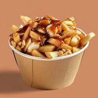 Close-up of a poutine dish with fries, cheese curds and gravy in a paper cup. Canadian food, comfort food, street food. photo