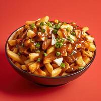 Close-up of a bowl of poutine, a Canadian dish of french fries topped with cheese curds and gravy. photo