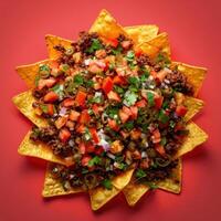 Closeup of a delicious plate of nachos with beef, tomatoes, onions, jalapenos, and cilantro. Mexican food, snack, appetizer. photo