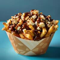 Closeup of a delicious poutine with fries, cheese curds and gravy. Canadian food concept. photo