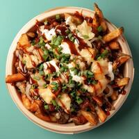 Close up of delicious poutine with cheese curds, gravy, and onions, served in a biodegradable bowl. Fast food photography of Canadian comfort food. photo