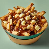 Closeup of a bowl of poutine, a Canadian dish consisting of french fries, cheese curds and gravy. photo