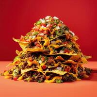 Close-up of a tall stack of loaded nachos, featuring ground beef, cheese, salsa, jalapenos, onions, and sour cream, on a red background. The perfect image for a Mexican restaurant or food blog. photo