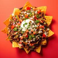 Delicious beef nachos topped with sour cream photo