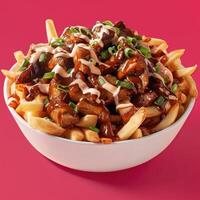 Close up of a white bowl filled with french fries, barbecue sauce, and pork topped with green onions. photo