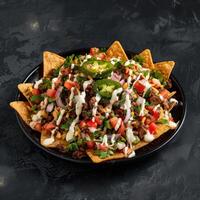 Loaded Beef Nachos with Toppings of Tomatoes, Jalapenos, Cilantro, Cheese and Sour Cream photo