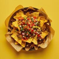 Delicious beef nachos with pico de gallo and jalapenos on yellow background. Mexican food, snack, appetizer. photo