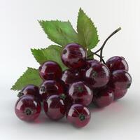 Fresh red currants with green leaves on white background. Close-up of ripe red berries. Healthy, delicious summer fruit. photo