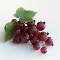 Fresh red currants with green leaves on white background. Macro shot of ripe red currants, juicy summer fruit. Concept of healthy eating, vitamin C, and organic food. photo