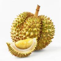 Closeup of Durian fruit with one opened section showing the creamy yellow flesh. Tropical fruit with pungent aroma. Asian fruit for food and beverage industry. photo