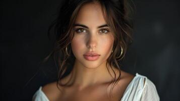 Elegant Confidence - Close-up of Beautiful Woman in White Jumpsuit Against Black Background photo