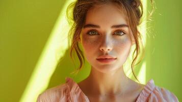 Contemplative Beauty in Pink Jumpsuit against Vibrant Lime Green Background photo