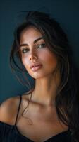 Half Body Portrait of Beautiful Woman in Natural Light Against Navy Blue Background photo