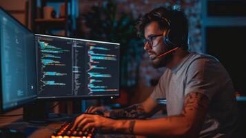 Focused Programmer Working Late at Night photo