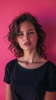 Portrait of a Fierce Woman in Half Body against Magenta Background with Soft Natural Light - Beauty and Confidence Concept photo